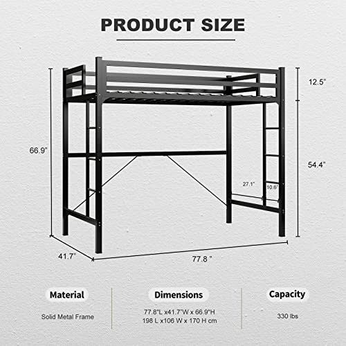 IKIFLY Metal Loft Bed Twin Size, Heavy Duty Junior Loft Bed Frame with 2 Ladders & Safety Guard Rail, Noise Free, Space-Saving, No Box Spring Needed - Black