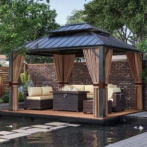 ASJMR 12x14ft Hardtop Gazebo Double Roof, Outdoor Pavilion with 2-Layer Hard top Galvanized Iron Frame Garden Tent, Suitable for courtyards, backyards, Decks, and Grass