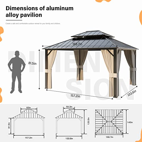 ASJMR 12x14ft Hardtop Gazebo Double Roof, Outdoor Pavilion with 2-Layer Hard top Galvanized Iron Frame Garden Tent, Suitable for courtyards, backyards, Decks, and Grass