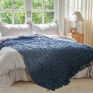 Esterra Knitted Farmhouse Throw Blanket with Braided Tassels, Stylish Ruffle Warm Cozy Breathable, All Season Super Soft Boho Throw for Home Decorative Bed Couch Sofa (Indigo Ombre 50"x70")