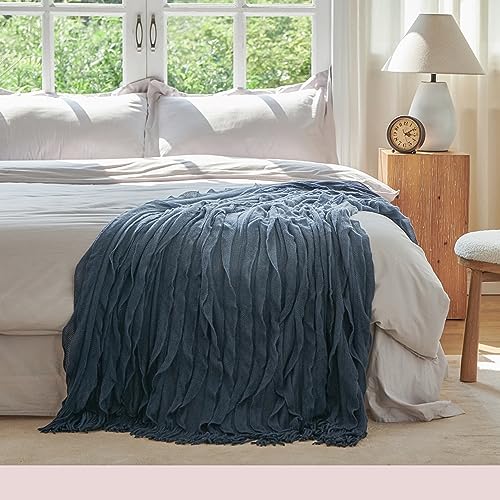Esterra Knitted Farmhouse Throw Blanket with Braided Tassels, Stylish Ruffle Warm Cozy Breathable, All Season Super Soft Boho Throw for Home Decorative Bed Couch Sofa (Indigo Ombre 50"x70")