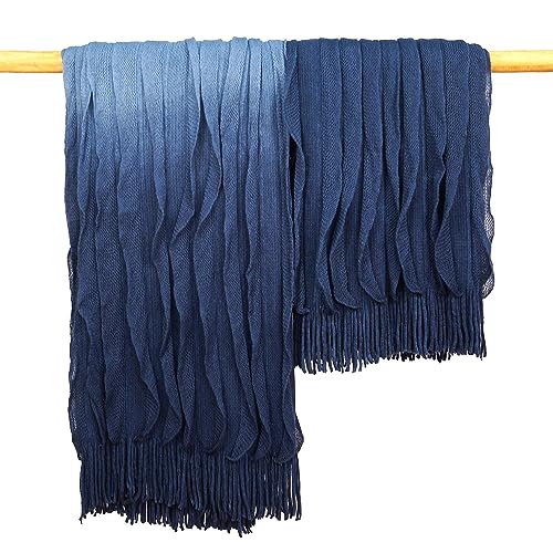 Esterra Knitted Farmhouse Throw Blanket with Braided Tassels, Stylish Ruffle Warm Cozy Breathable, All Season Super Soft Boho Throw for Home Decorative Bed Couch Sofa (Indigo Ombre 50"x70")