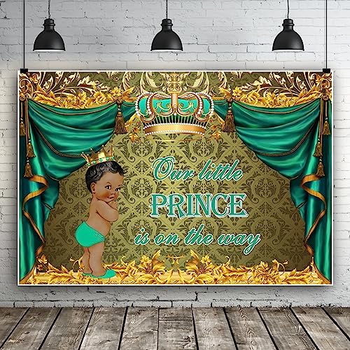 Renaiss 5x3ft Prince Baby Shower Backdrop Royal Green Curtain Gold Crown Photography Background Our Litlle Prince is on The Way Banner Newborn Boy Gender Reveal Party Decor Photo Studio Booth Props