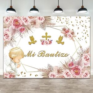 7x5ft mi bautizo backdrop for girl baptism gold bless background boho pink flower golden dots photography baby shower banner party decorations floral newborn photo booth props supplies