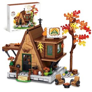 qlt a-frame cabin building set, jungle wood-cabin house building set with led lighting kit, camping friends set gift for 6+ year old kids, compatible with lego (683 pcs)