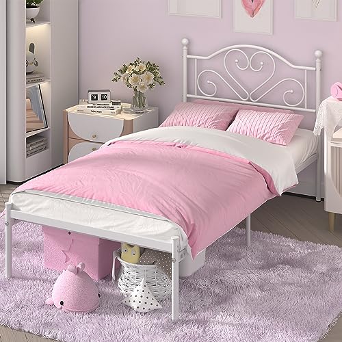 Weehom Twin Bed Frames with Headboard, Heavy Duty Metal Platform Bed Under Bed Storage Space Easy Assembly for Kids Girls Adults White