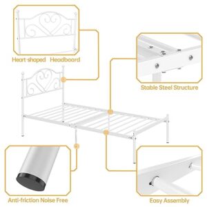 Weehom Twin Bed Frames with Headboard, Heavy Duty Metal Platform Bed Under Bed Storage Space Easy Assembly for Kids Girls Adults White