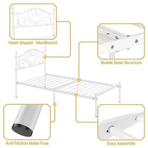 Weehom Twin Bed Frames with Headboard, Heavy Duty Metal Platform Bed Under Bed Storage Space Easy Assembly for Kids Girls Adults White