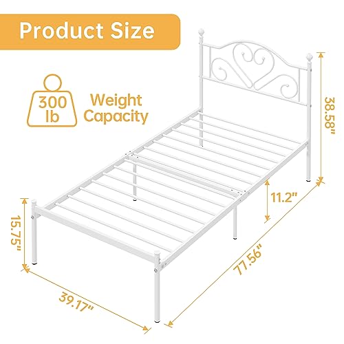 Weehom Twin Bed Frames with Headboard, Heavy Duty Metal Platform Bed Under Bed Storage Space Easy Assembly for Kids Girls Adults White