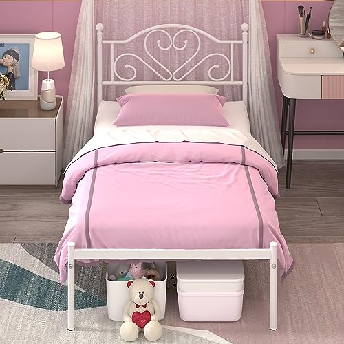 Weehom Twin Bed Frames with Headboard, Heavy Duty Metal Platform Bed Under Bed Storage Space Easy Assembly for Kids Girls Adults White