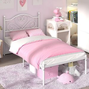 Weehom Twin Bed Frames with Headboard, Heavy Duty Metal Platform Bed Under Bed Storage Space Easy Assembly for Kids Girls Adults White