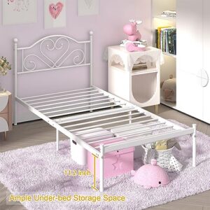 Weehom Twin Bed Frames with Headboard, Heavy Duty Metal Platform Bed Under Bed Storage Space Easy Assembly for Kids Girls Adults White