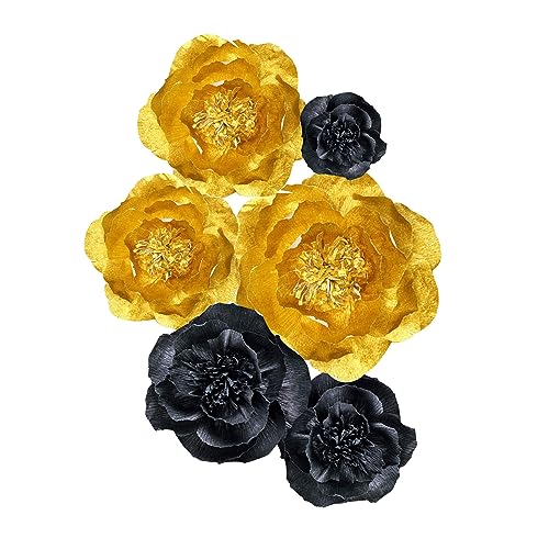 IGUO 3D Paper Flowers Gold Black Graduation Craft Paper Flowers,6PCS Paper Pom Pom Backdrop Photo Booth for Baby Shower Decor Centerpiece Wedding Birthday School Party Idea