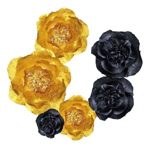 IGUO 3D Paper Flowers Gold Black Graduation Craft Paper Flowers,6PCS Paper Pom Pom Backdrop Photo Booth for Baby Shower Decor Centerpiece Wedding Birthday School Party Idea