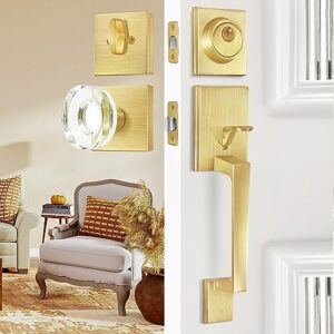 bonkudoo satin brass front door handle and single cylinder deadbolt, front door lock set, gold entry door handle set with glass door knobs