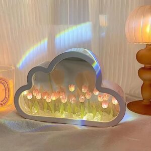 FIALAME DIY Tulip Night Light Room Decor Lamp & Mirror 2 in 1, Artificial Flowers Lamp Battery Powered Material Kit, Warm Ornament Gifts for Family and Friends (Pink)