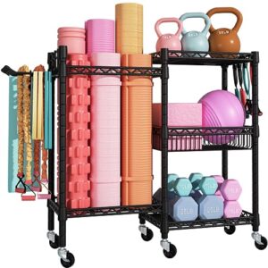 futassi home gym storage, rolling yoga mat storage and organizer, sports equipment storage rack for yoga mats, dumbbells, kettlebells, foam rollers, resistance bands, 11.8"d x 36"w x 32.5"h, black