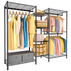 garment rack, heavy duty clothes rack metal clothing rack with shelves, freestanding portable wardrobe closet rack for hanging clothes, with 3 hang rods & 8 shelves for clothes organize and storage
