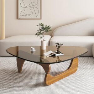triangle glass coffee table-mid-century modern end table solid wood base and vintage tempered transparent glass top coffee tables living room balcony (walnut/brown, small 32.2 * 22.4 * 16in)