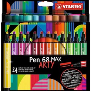 STABILO Premium Felt Tip Pen with Thick Chisel Tip Pen 68 MAX - ARTY - Pack of 24 - with 24 Different Colours