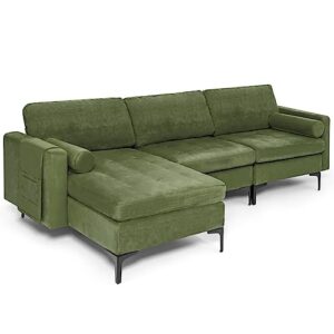 oudini l-shaped sectional sofa, reversible l shaped couch, linen sectional couch, w/reversible chaise and 2 usb ports army for living room, apartment, small couches (green)