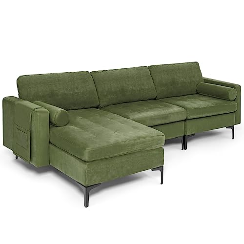 OUDINI L-Shaped Sectional Sofa, Reversible L Shaped Couch, Linen Sectional Couch, W/Reversible Chaise and 2 USB Ports Army for Living Room, Apartment, Small Couches (Green)