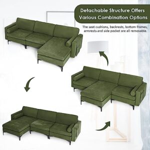 OUDINI L-Shaped Sectional Sofa, Reversible L Shaped Couch, Linen Sectional Couch, W/Reversible Chaise and 2 USB Ports Army for Living Room, Apartment, Small Couches (Green)