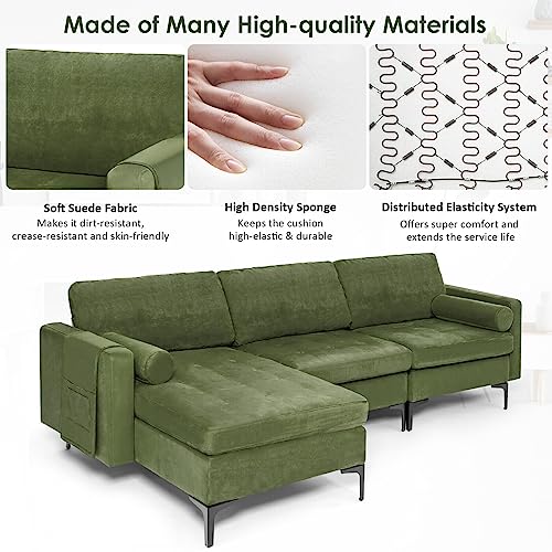 OUDINI L-Shaped Sectional Sofa, Reversible L Shaped Couch, Linen Sectional Couch, W/Reversible Chaise and 2 USB Ports Army for Living Room, Apartment, Small Couches (Green)