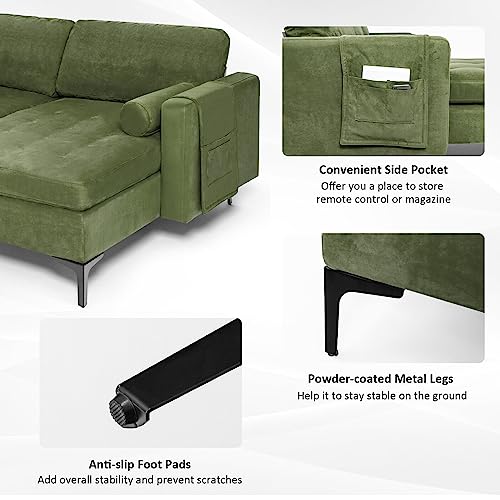 OUDINI L-Shaped Sectional Sofa, Reversible L Shaped Couch, Linen Sectional Couch, W/Reversible Chaise and 2 USB Ports Army for Living Room, Apartment, Small Couches (Green)