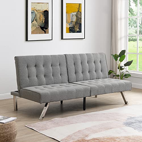 BIADNBZ Futon Sofa Modern Faux Linen Convertible Folding Sleeper Beds Couch with Stainless Legs for Small Space, Living Room, Apartment, Office, Grey