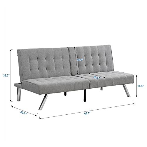 BIADNBZ Futon Sofa Modern Faux Linen Convertible Folding Sleeper Beds Couch with Stainless Legs for Small Space, Living Room, Apartment, Office, Grey