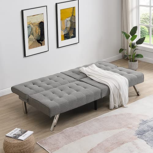 BIADNBZ Futon Sofa Modern Faux Linen Convertible Folding Sleeper Beds Couch with Stainless Legs for Small Space, Living Room, Apartment, Office, Grey