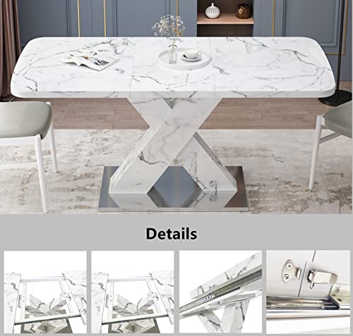 63inch Extendable Marble Dining Table for 4-6, White Faux Marble Dining Room Kitchen Table, Modern Rectangular Dinner Table with Pedestal Base for Dining Room Kitchen (White)