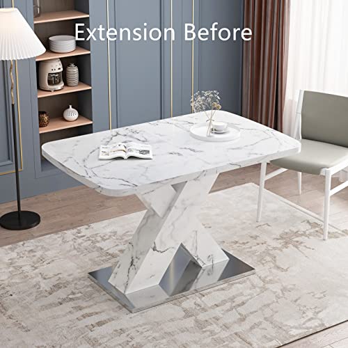 63inch Extendable Marble Dining Table for 4-6, White Faux Marble Dining Room Kitchen Table, Modern Rectangular Dinner Table with Pedestal Base for Dining Room Kitchen (White)