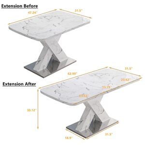 63inch Extendable Marble Dining Table for 4-6, White Faux Marble Dining Room Kitchen Table, Modern Rectangular Dinner Table with Pedestal Base for Dining Room Kitchen (White)