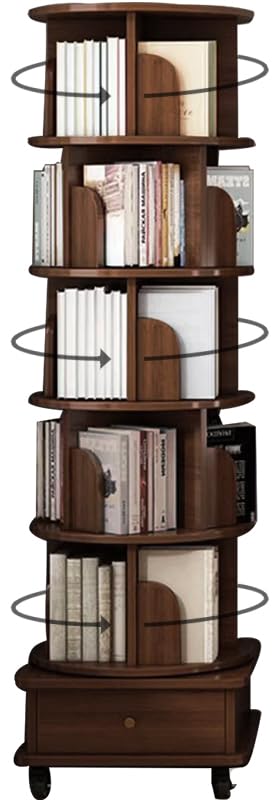 MMV 5 Tier Rotating Bookshelf, 360° Display Bookcase with Cabinet, Mobile Bookshelf with Wheels, 79" Tall Bookcase for Narrow Space, Spinning Wood Bookshelf Tower for Home Office, Study Room, Walnut