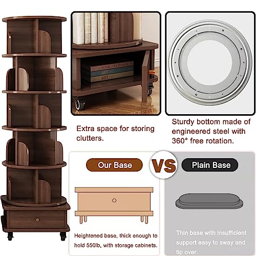 MMV 5 Tier Rotating Bookshelf, 360° Display Bookcase with Cabinet, Mobile Bookshelf with Wheels, 79" Tall Bookcase for Narrow Space, Spinning Wood Bookshelf Tower for Home Office, Study Room, Walnut