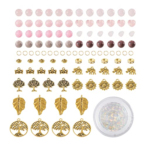 Magibeads 144Pcs Pink Gemstone Beads Kit for Bracelet Making, Antique Golden Western Charms Tibetan Spacer Beads Natural Healing Stone Beads for Jewelry Making