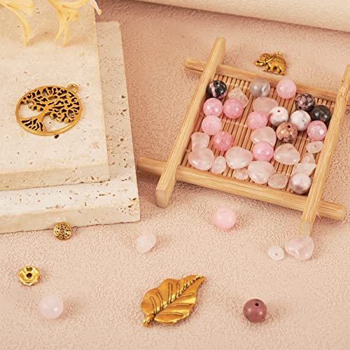 Magibeads 144Pcs Pink Gemstone Beads Kit for Bracelet Making, Antique Golden Western Charms Tibetan Spacer Beads Natural Healing Stone Beads for Jewelry Making