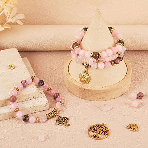 Magibeads 144Pcs Pink Gemstone Beads Kit for Bracelet Making, Antique Golden Western Charms Tibetan Spacer Beads Natural Healing Stone Beads for Jewelry Making