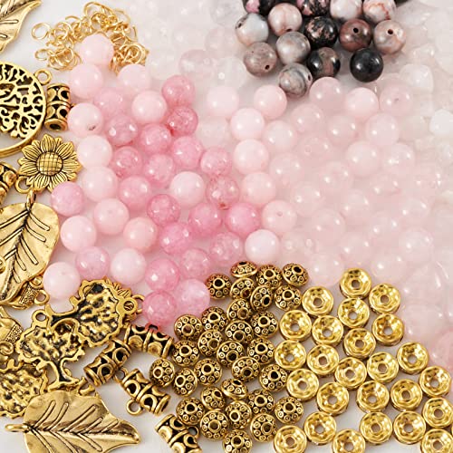 Magibeads 144Pcs Pink Gemstone Beads Kit for Bracelet Making, Antique Golden Western Charms Tibetan Spacer Beads Natural Healing Stone Beads for Jewelry Making