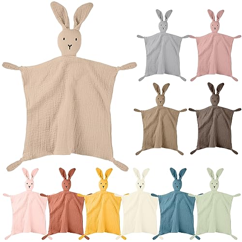 Tranqun 11 Pieces Bunny Baby Lovey Blankets Organic Cotton Muslin Security Blanket Soft Breathable Lovie Blanket for Newborn and Infant Boys and Girls