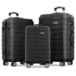 powforlife luggage sets 3 piece abs luggage lightweight suitcase sets double spinner wheels tsa lock,black,3 piece set (20/24/28)