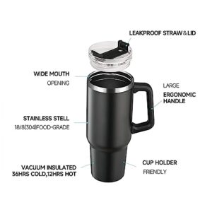 Tumblers 40 oz Stainless Steel Vacuum Drinking Tumbler with Handle Lid and Straw,Insulated Travel Coffee Mug Spill Proof Double Wall Metal Tumbler Cup for Water, Iced Tea or Coffee, Smoothie(Black)