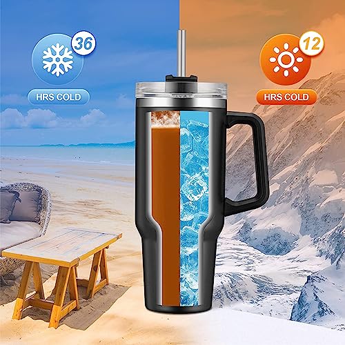 Tumblers 40 oz Stainless Steel Vacuum Drinking Tumbler with Handle Lid and Straw,Insulated Travel Coffee Mug Spill Proof Double Wall Metal Tumbler Cup for Water, Iced Tea or Coffee, Smoothie(Black)