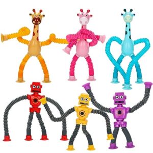 6 pcs telescopic suction cup robot toy sensory toys, giraffe telescopic tube shape changing telescopic pop tubes decompress educational toys for girls boys