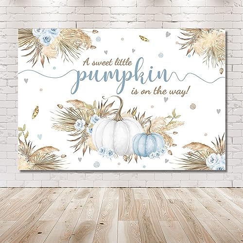 MEHOFOND 8x6ft Autumn Boho Little Pumpkin Backdrop for Boy Baby Shower Fall Leaves Pampas Grass Thanksgiving Blue White Floral Background for Photography Party Decorations Banner Photo Booth Props