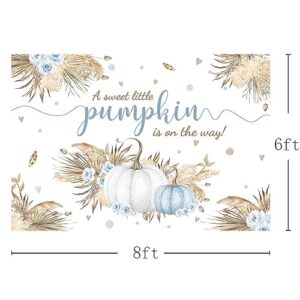 MEHOFOND 8x6ft Autumn Boho Little Pumpkin Backdrop for Boy Baby Shower Fall Leaves Pampas Grass Thanksgiving Blue White Floral Background for Photography Party Decorations Banner Photo Booth Props