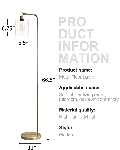 Oneach 66.5 '' Industrial Floor Lamp for Living Room Modern Standing Lamps with Hanging Clear Glass Shade Reading Tall Pole Lamp for Bedroom Office Study Room AB Antique Brass（Bulb Included）