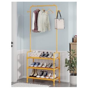 BBAUER Entryway Coat Rack with 2 Hooks Garment Rack with 3-Tier Shelf Free Standing Shoe Rack with Garment Rail for Bedroom Living Room Hallway (Color : Yellow, Size : 60x30x165cm)